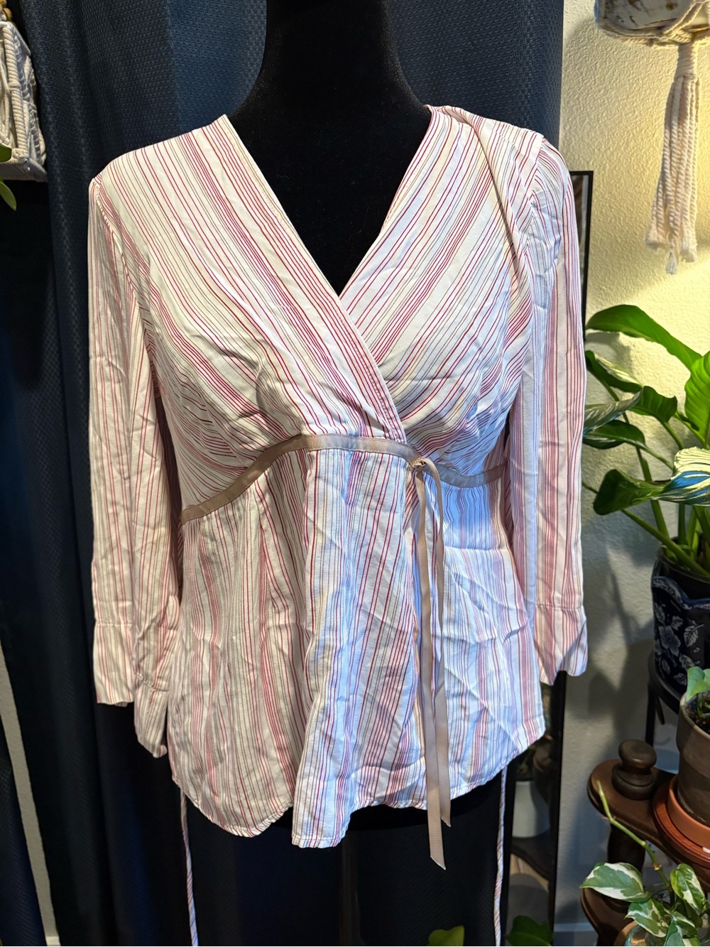Motherhood Maternity Burgundy and Cream Striped Tie Back Blouse